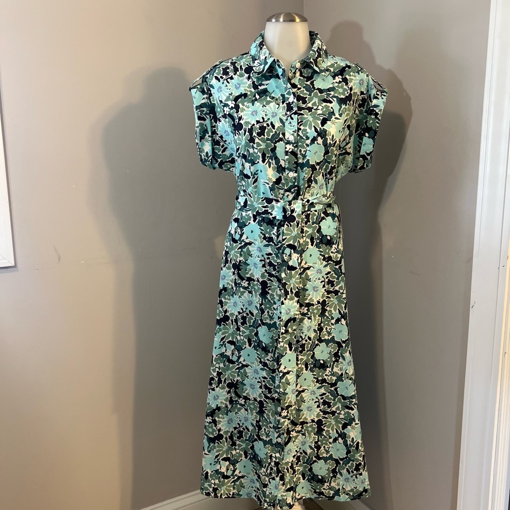 Blue A-line Maxi Dress with Notched Collar and Short Sleeves for Casual Work